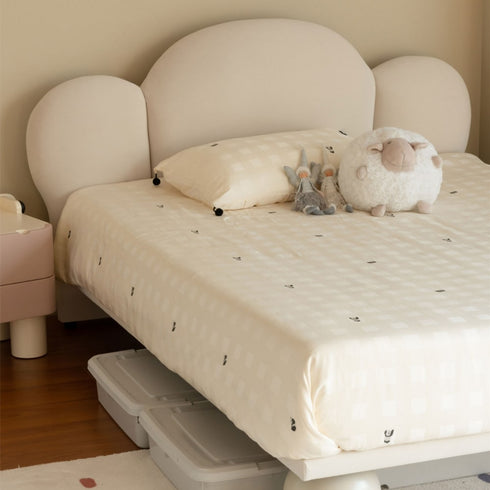 Marlee Shaped Headboard White Cotton Linen Blend Fabric Bed Frame Queen Size